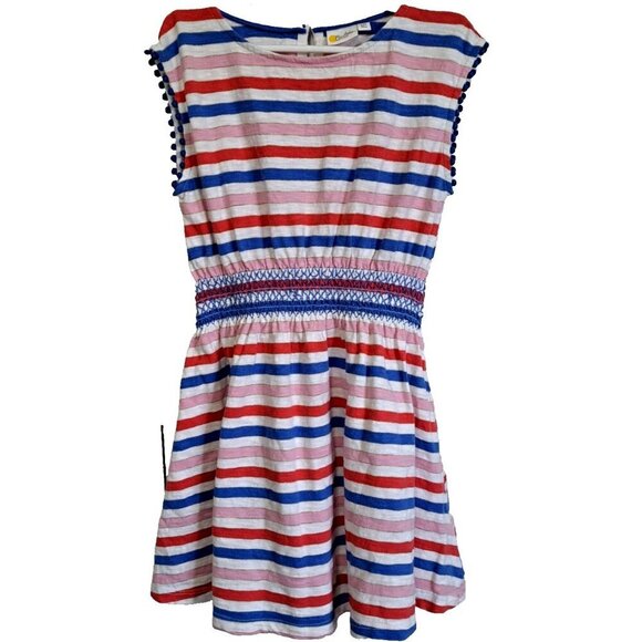 Mini Boden Girl's 6-7 Multicolor Striped Sleeveless Dress Smocking Pockets - Picture 1 of 9